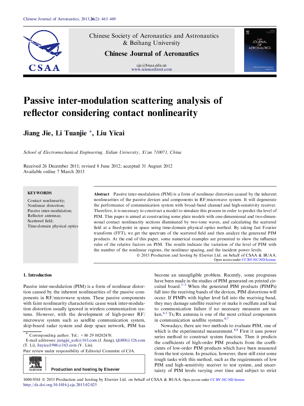 Passive inter-modulation scattering analysis of reflector considering contact nonlinearity 