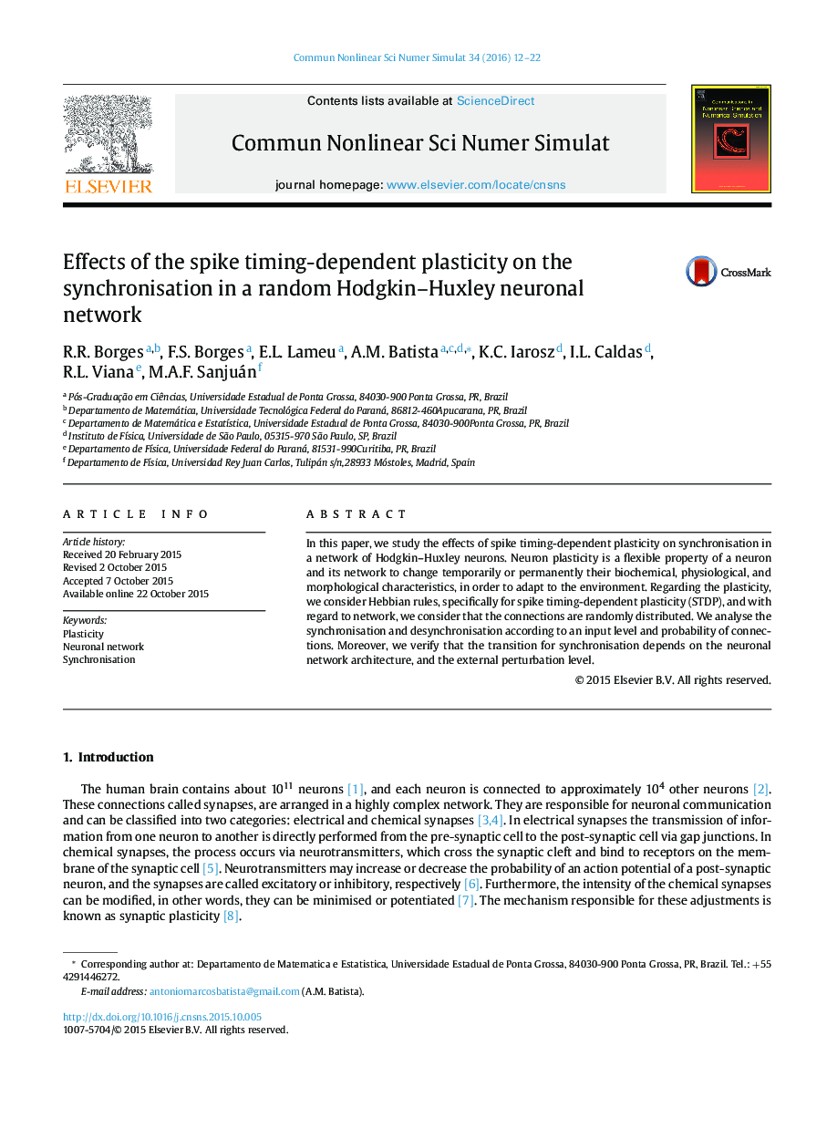 Effects of the spike timing-dependent plasticity on the synchronisation in a random Hodgkin–Huxley neuronal network