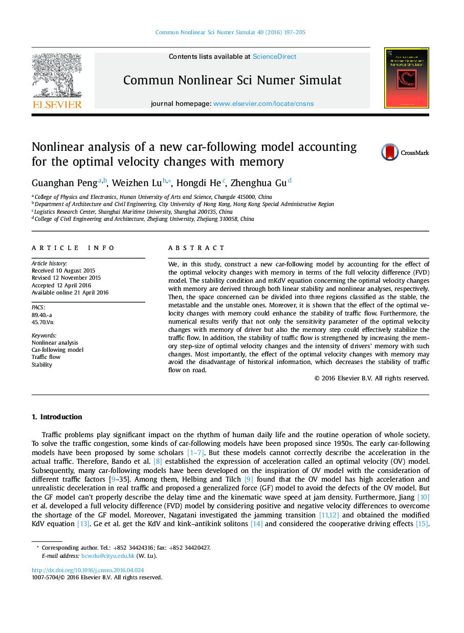 Nonlinear analysis of a new car-following model accounting for the optimal velocity changes with memory