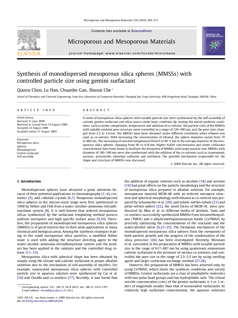 Synthesis of monodispersed mesoporous silica spheres (MMSSs) with controlled particle size using gemini surfactant