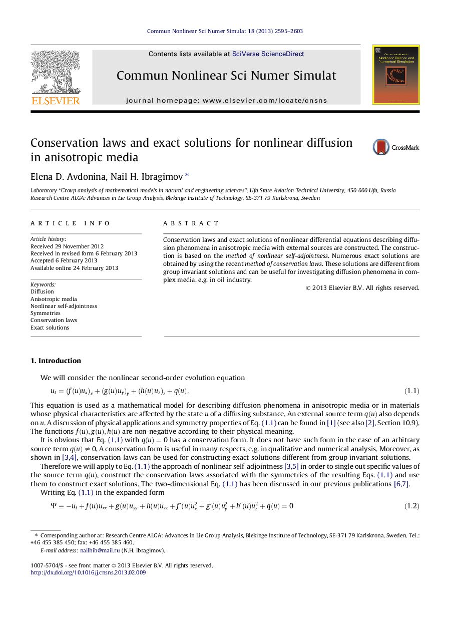 Conservation laws and exact solutions for nonlinear diffusion in anisotropic media