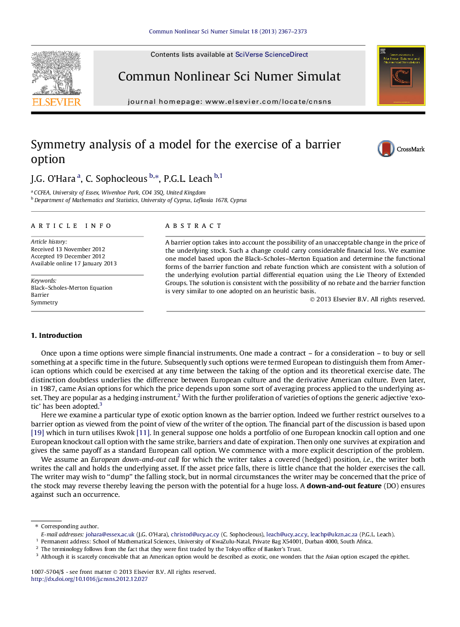 Symmetry analysis of a model for the exercise of a barrier option