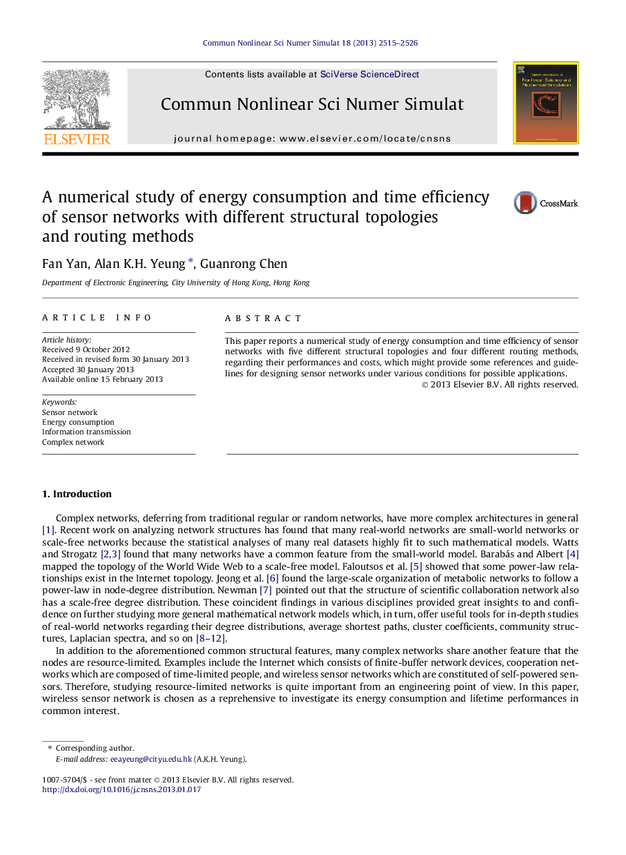 A numerical study of energy consumption and time efficiency of sensor networks with different structural topologies and routing methods