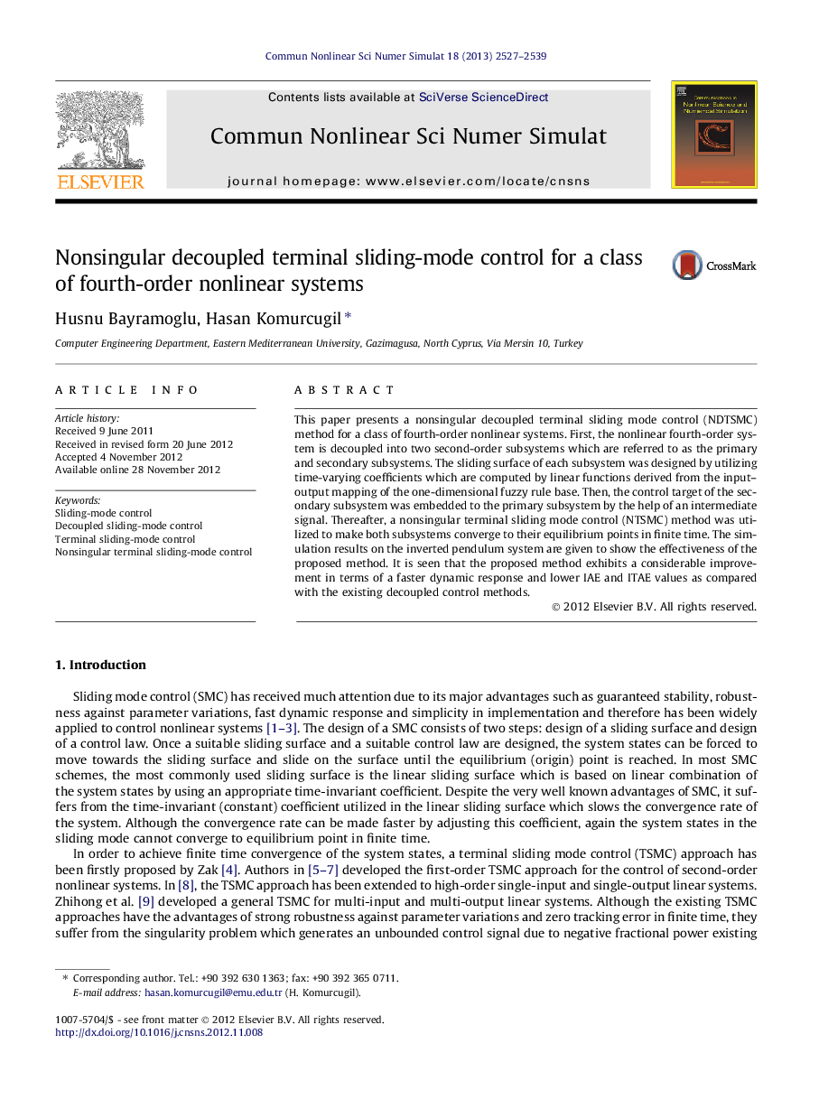 Nonsingular decoupled terminal sliding-mode control for a class of fourth-order nonlinear systems