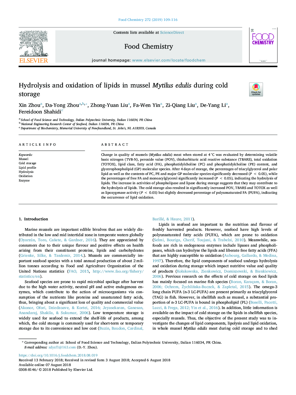 Hydrolysis and oxidation of lipids in mussel Mytilus edulis during cold storage