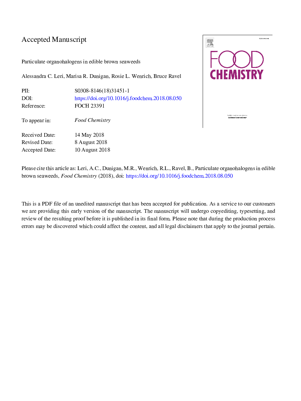 Particulate organohalogens in edible brown seaweeds