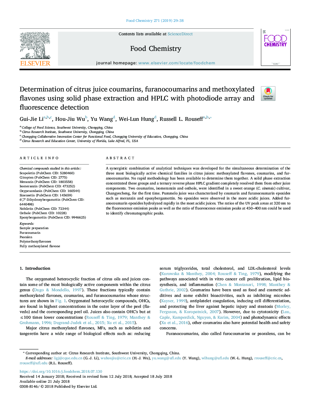 Determination of citrus juice coumarins, furanocoumarins and methoxylated flavones using solid phase extraction and HPLC with photodiode array and fluorescence detection