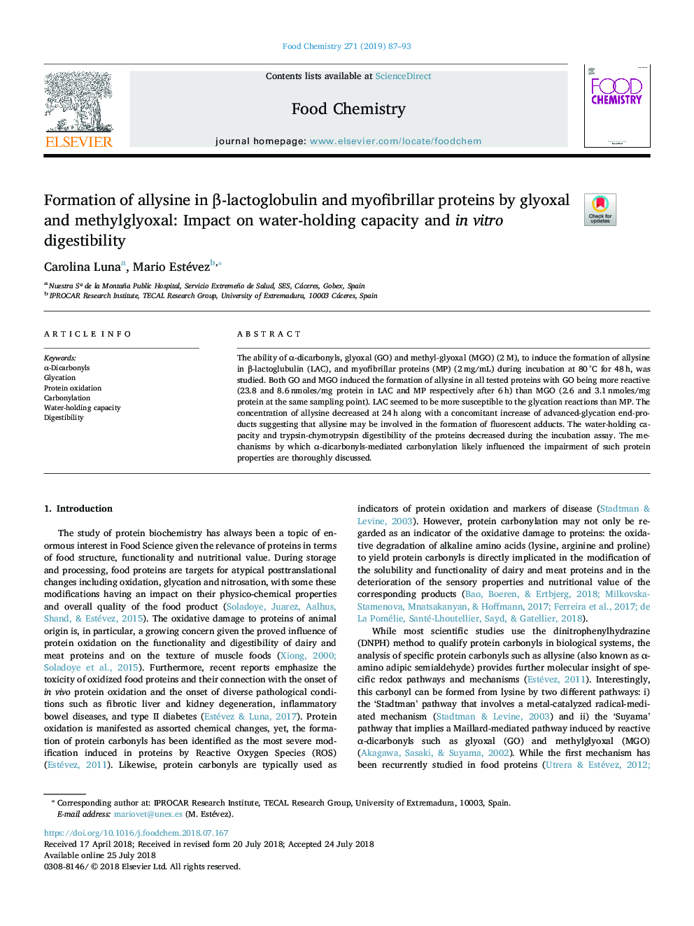 Formation of allysine in Î²-lactoglobulin and myofibrillar proteins by glyoxal and methylglyoxal: Impact on water-holding capacity and in vitro digestibility