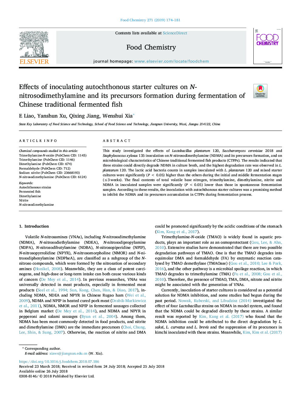 Effects of inoculating autochthonous starter cultures on N-nitrosodimethylamine and its precursors formation during fermentation of Chinese traditional fermented fish