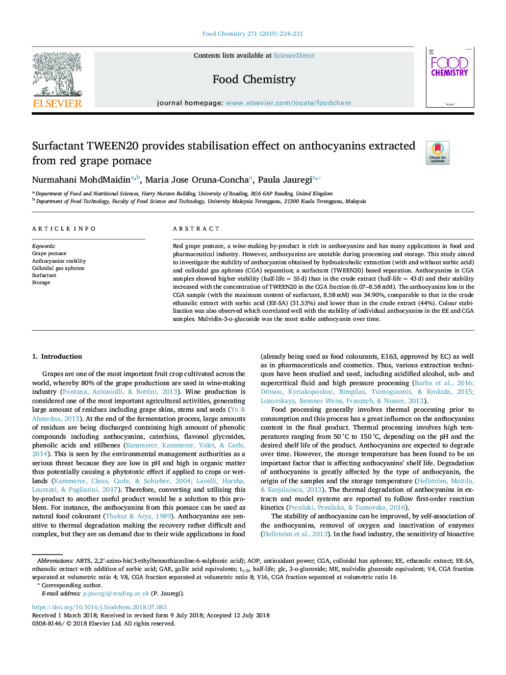 Surfactant TWEEN20 provides stabilisation effect on anthocyanins extracted from red grape pomace