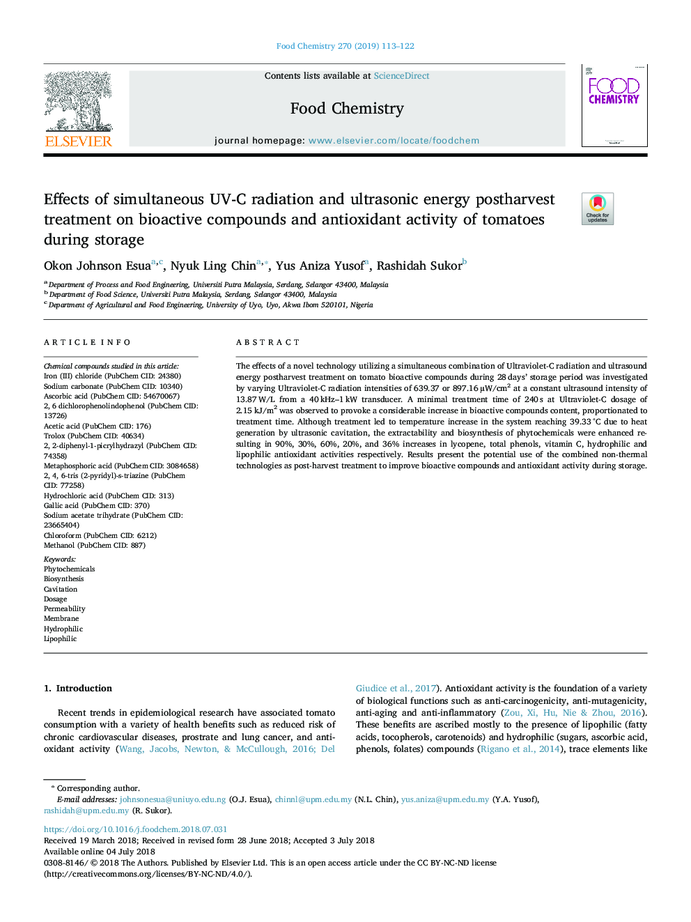 Effects of simultaneous UV-C radiation and ultrasonic energy postharvest treatment on bioactive compounds and antioxidant activity of tomatoes during storage