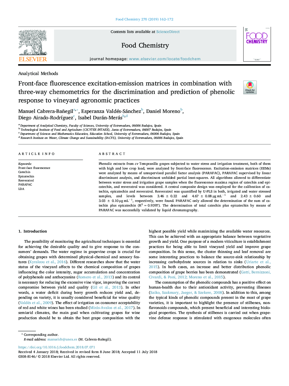 Front-face fluorescence excitation-emission matrices in combination with three-way chemometrics for the discrimination and prediction of phenolic response to vineyard agronomic practices