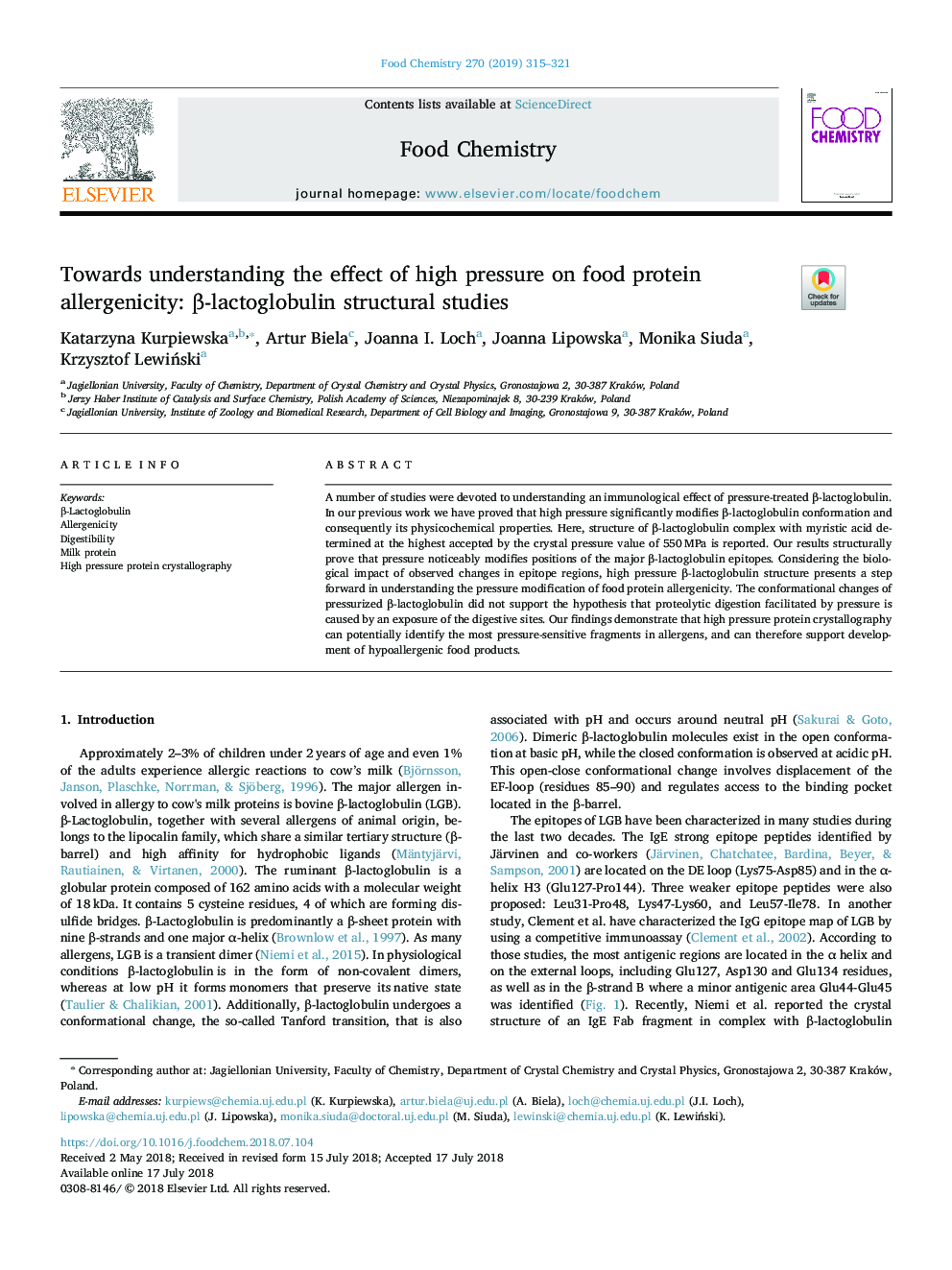 Towards understanding the effect of high pressure on food protein allergenicity: Î²-lactoglobulin structural studies