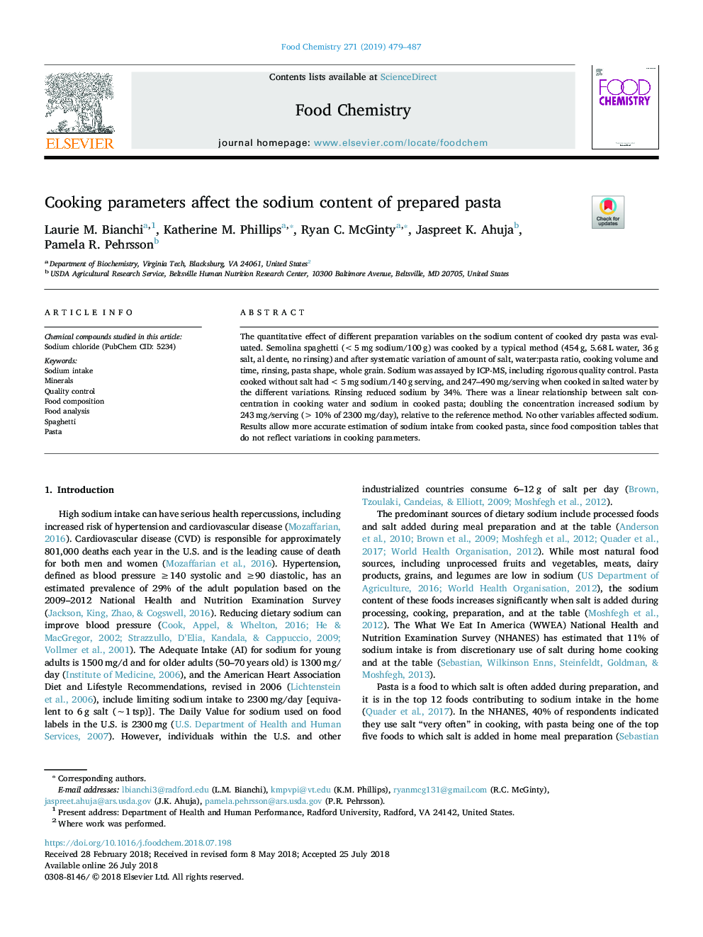 Cooking parameters affect the sodium content of prepared pasta