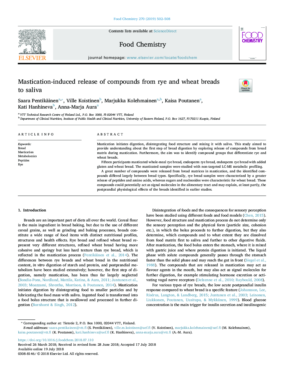 Mastication-induced release of compounds from rye and wheat breads to saliva