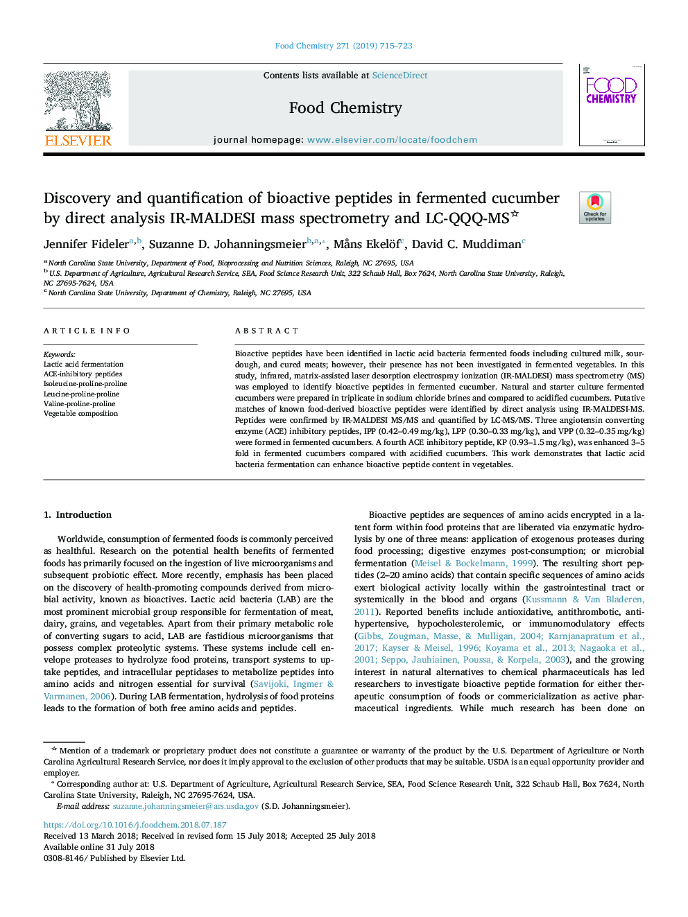 Discovery and quantification of bioactive peptides in fermented cucumber by direct analysis IR-MALDESI mass spectrometry and LC-QQQ-MS