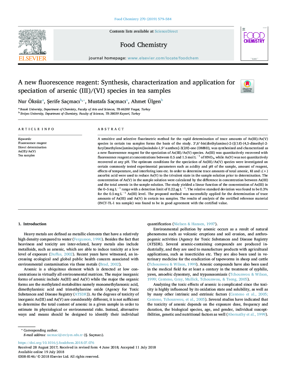 A new fluorescence reagent: Synthesis, characterization and application for speciation of arsenic (III)/(VI) species in tea samples