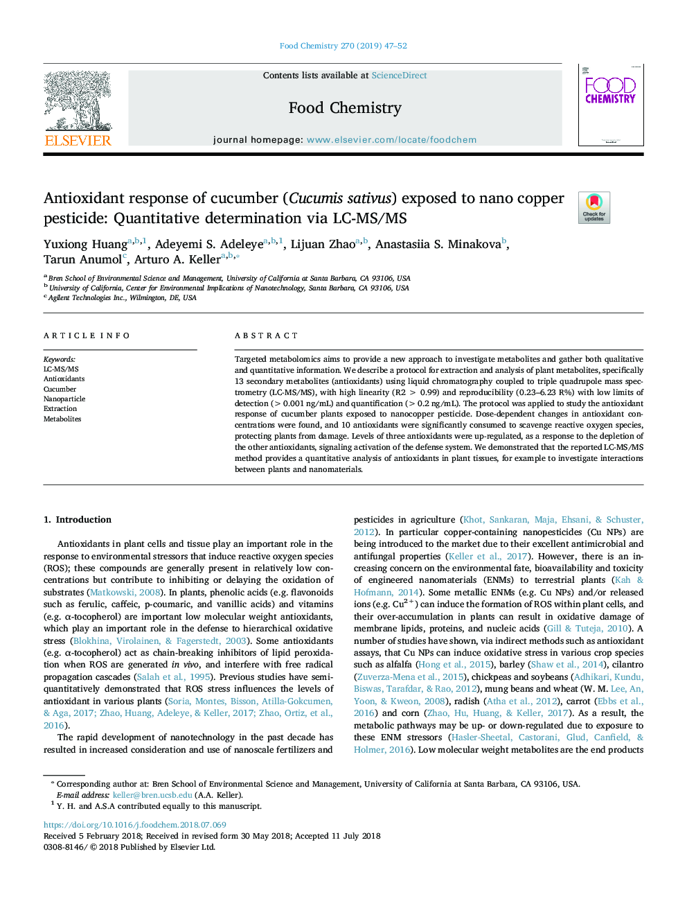 Antioxidant response of cucumber (Cucumis sativus) exposed to nano copper pesticide: Quantitative determination via LC-MS/MS