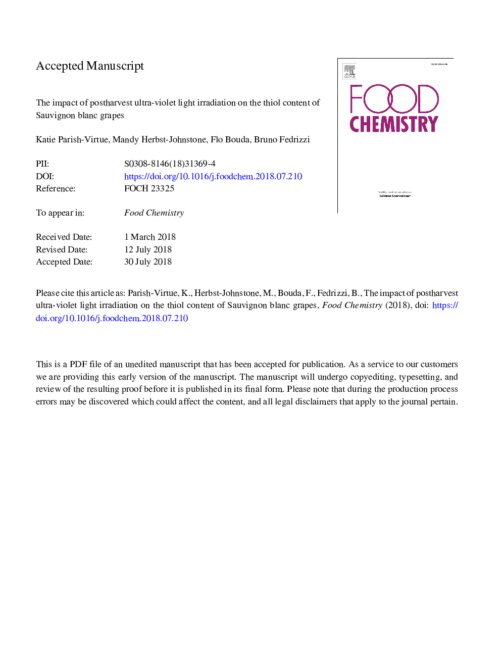 The impact of postharvest ultra-violet light irradiation on the thiol content of Sauvignon blanc grapes