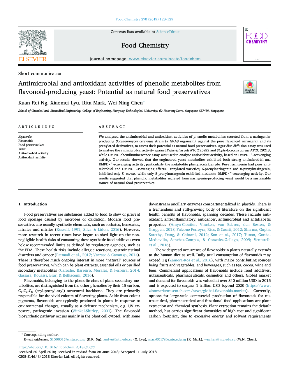 Antimicrobial and antioxidant activities of phenolic metabolites from flavonoid-producing yeast: Potential as natural food preservatives