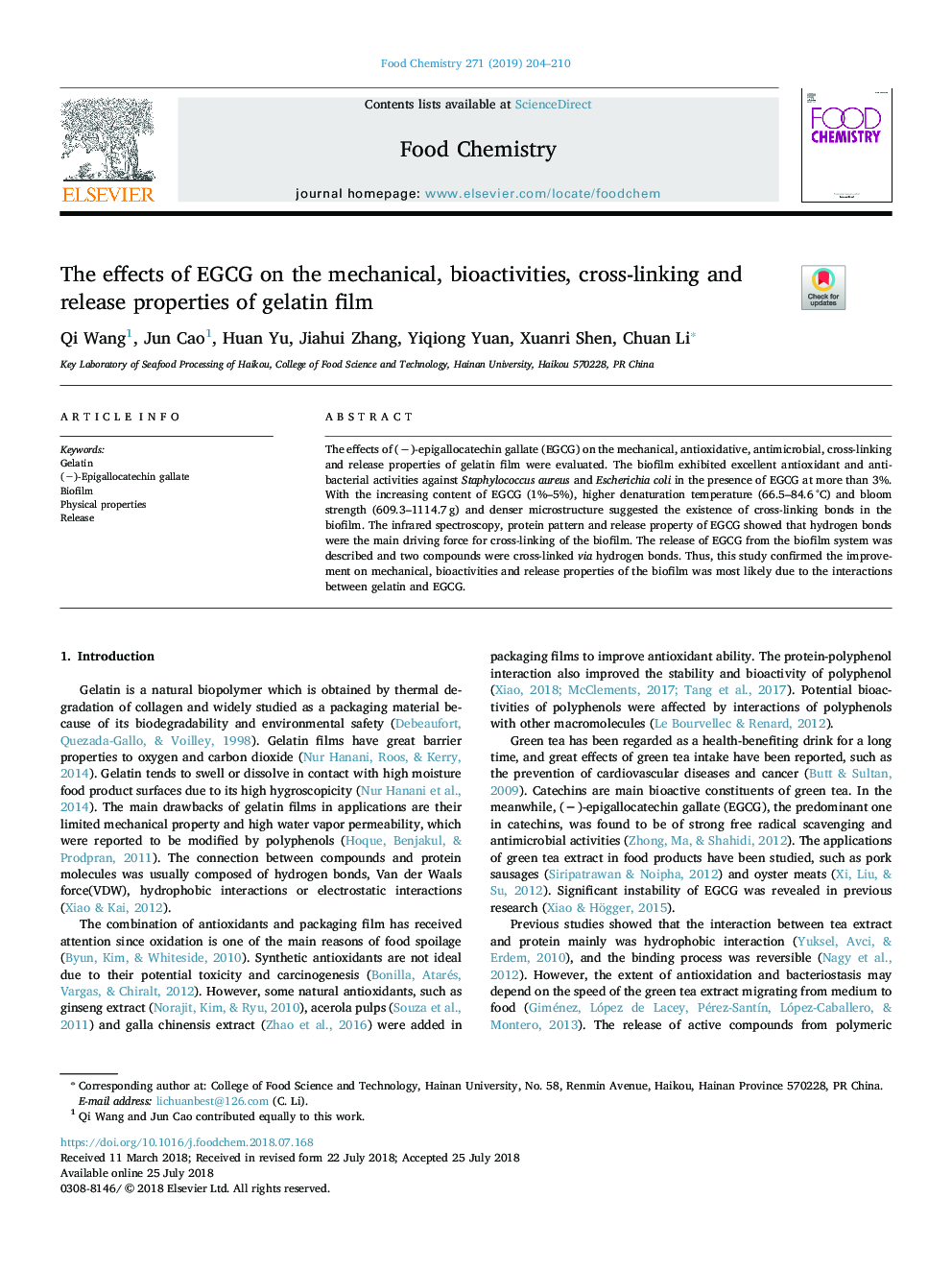 The effects of EGCG on the mechanical, bioactivities, cross-linking and release properties of gelatin film