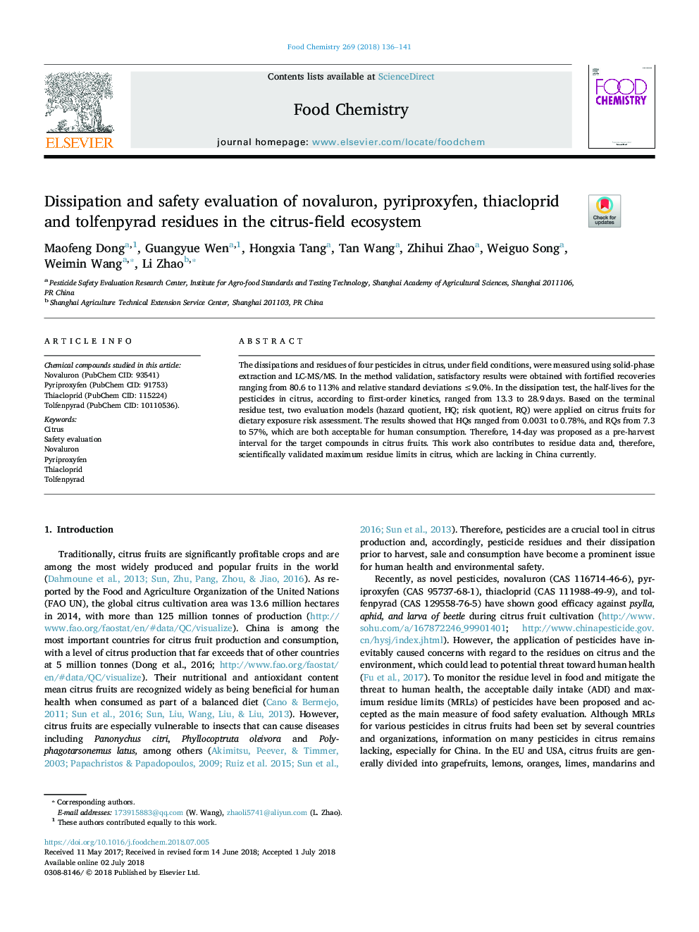 Dissipation and safety evaluation of novaluron, pyriproxyfen, thiacloprid and tolfenpyrad residues in the citrus-field ecosystem