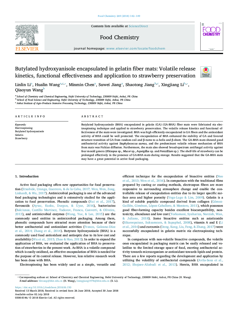 Butylated hydroxyanisole encapsulated in gelatin fiber mats: Volatile release kinetics, functional effectiveness and application to strawberry preservation