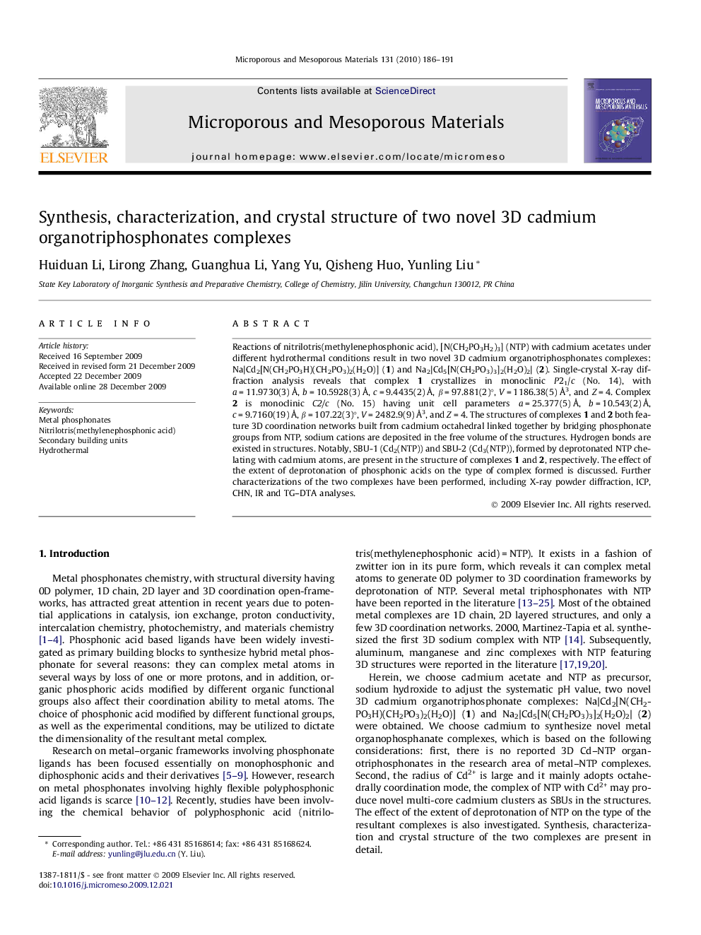 Synthesis, characterization, and crystal structure of two novel 3D cadmium organotriphosphonates complexes