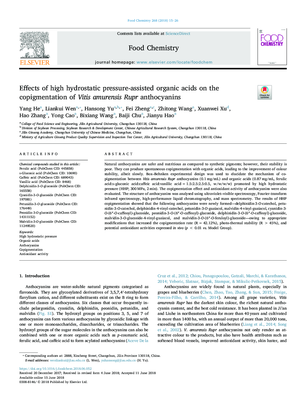 Effects of high hydrostatic pressure-assisted organic acids on the copigmentation of Vitis amurensis Rupr anthocyanins