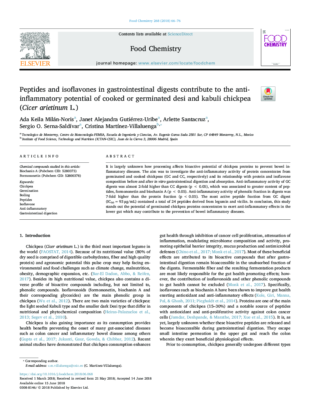 Peptides and isoflavones in gastrointestinal digests contribute to the anti-inflammatory potential of cooked or germinated desi and kabuli chickpea (Cicer arietinum L.)