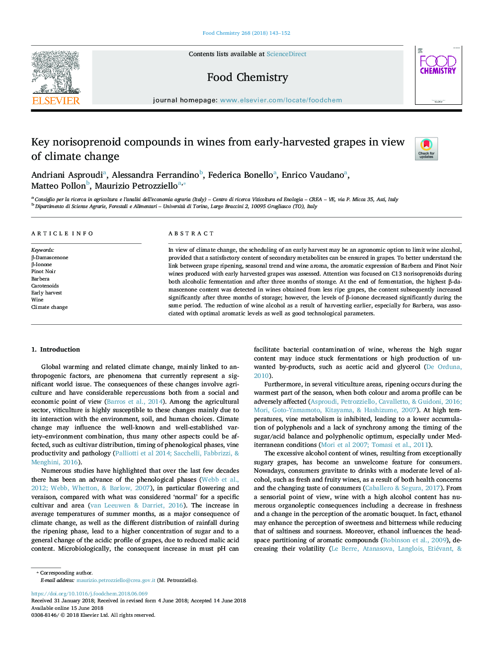 Key norisoprenoid compounds in wines from early-harvested grapes in view of climate change