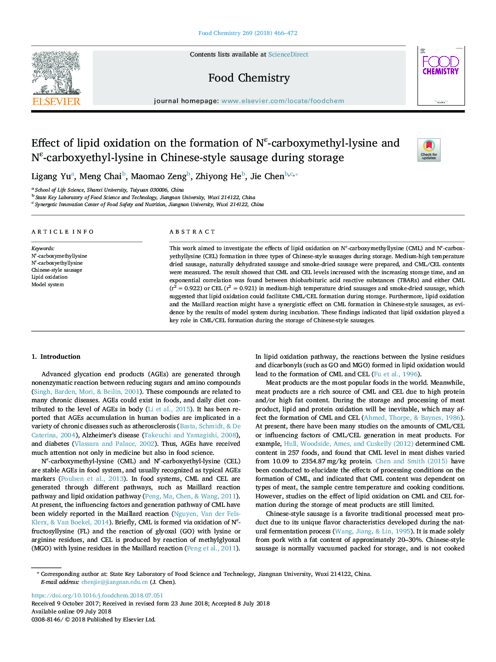 عکس صفحه اول مقاله: Effect of lipid oxidation on the formation of Nε-carboxymethyl-lysine and Nε-carboxyethyl-lysine in Chinese-style sausage during storage Effect of lipid oxidation on the formation of Nε-carboxymethyl-lysine and Nε-carboxyethyl-lysine in Chinese-style sausage during storage
