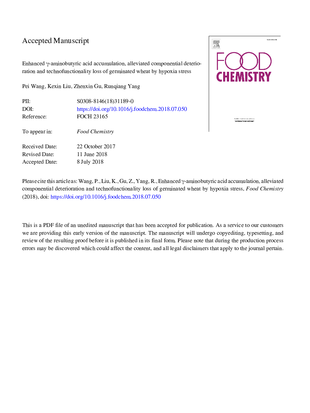 عکس صفحه اول مقاله: Enhanced γ-aminobutyric acid accumulation, alleviated componential deterioration and technofunctionality loss of germinated wheat by hypoxia stress Enhanced γ-aminobutyric acid accumulation, alleviated componential deterioration and technofunctionality loss of germinated wheat by hypoxia stress