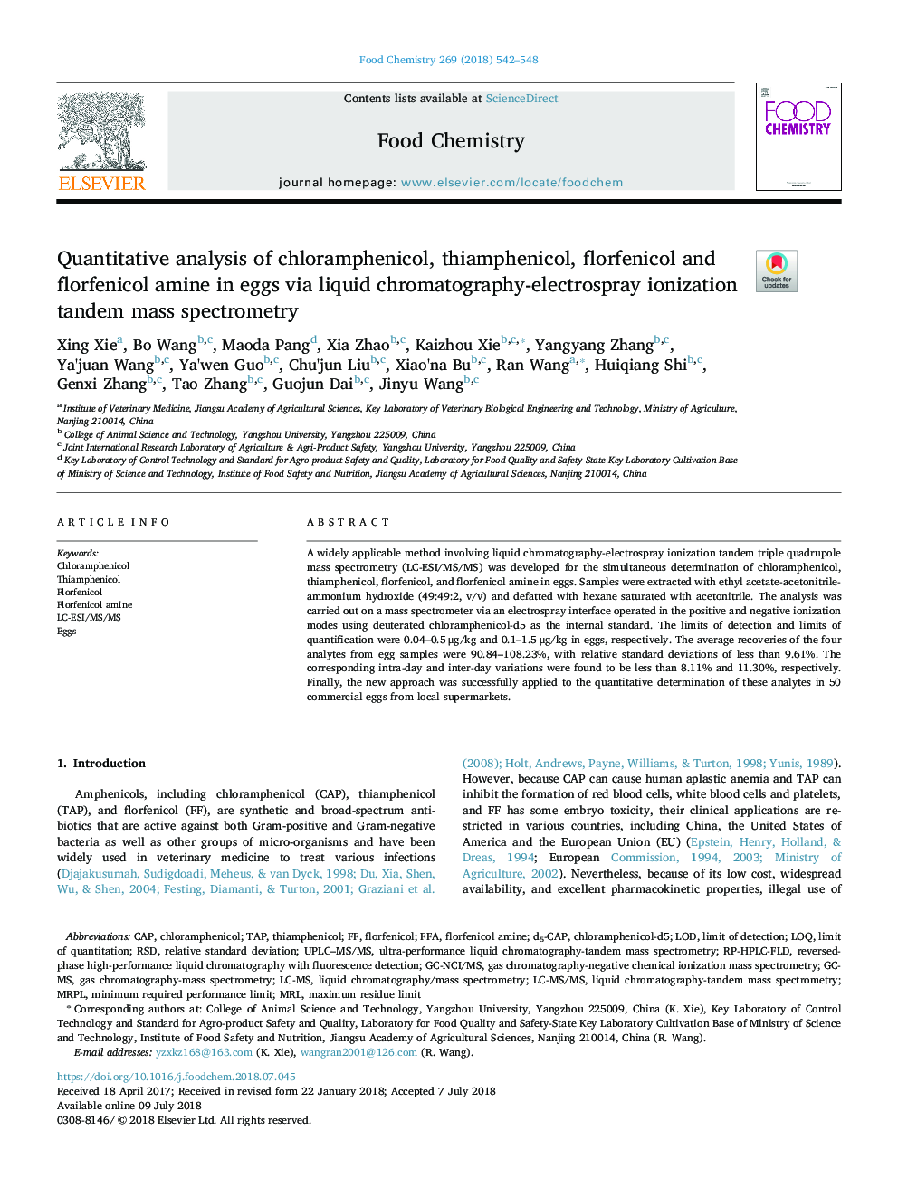 Quantitative analysis of chloramphenicol, thiamphenicol, florfenicol and florfenicol amine in eggs via liquid chromatography-electrospray ionization tandem mass spectrometry
