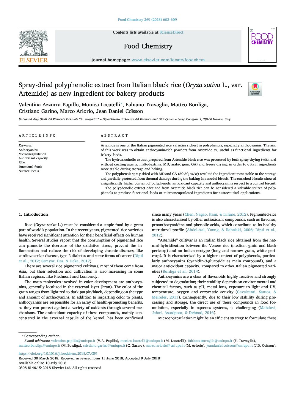 Spray-dried polyphenolic extract from Italian black rice (Oryza sativa L., var. Artemide) as new ingredient for bakery products