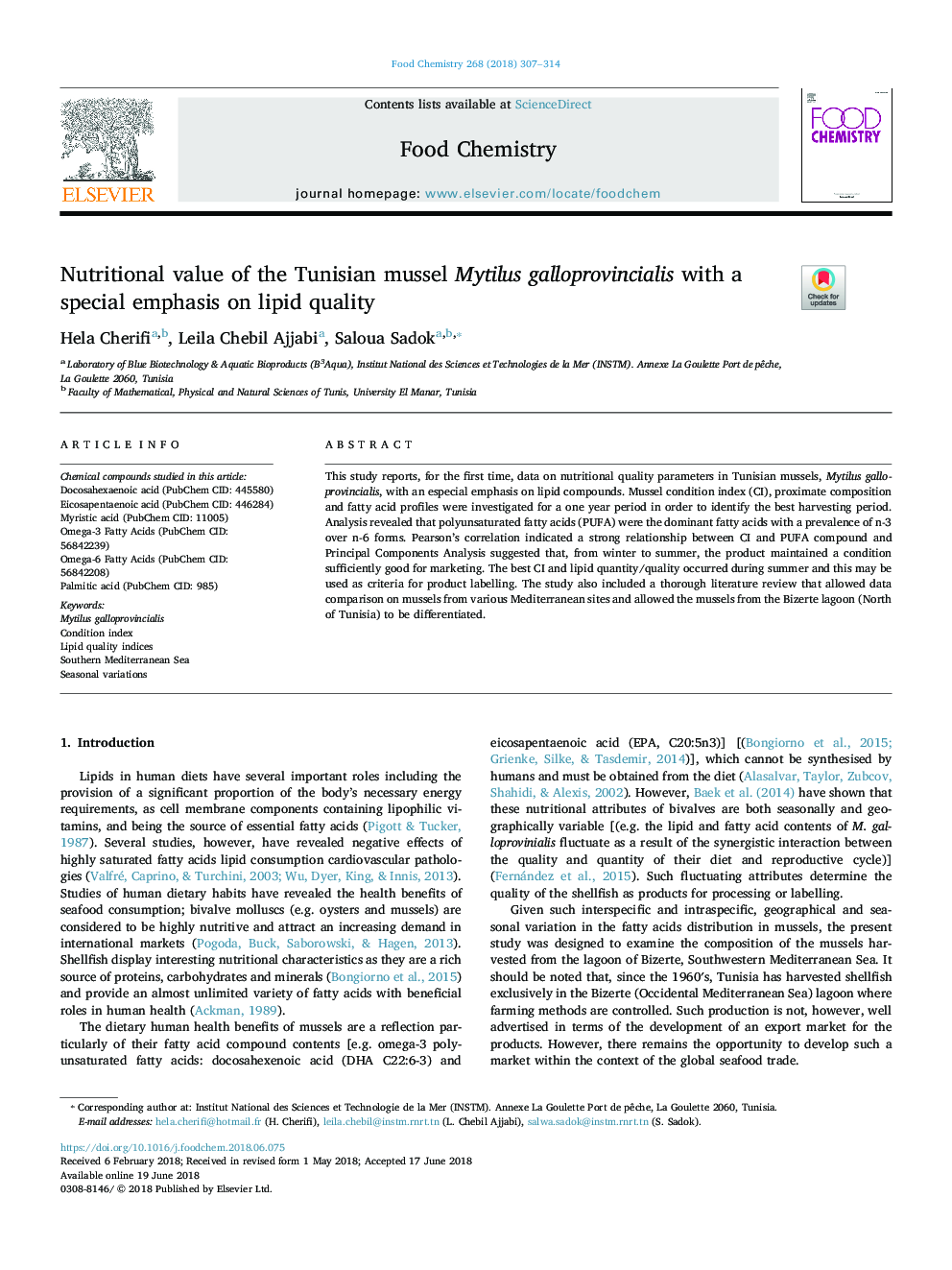 Nutritional value of the Tunisian mussel Mytilus galloprovincialis with a special emphasis on lipid quality