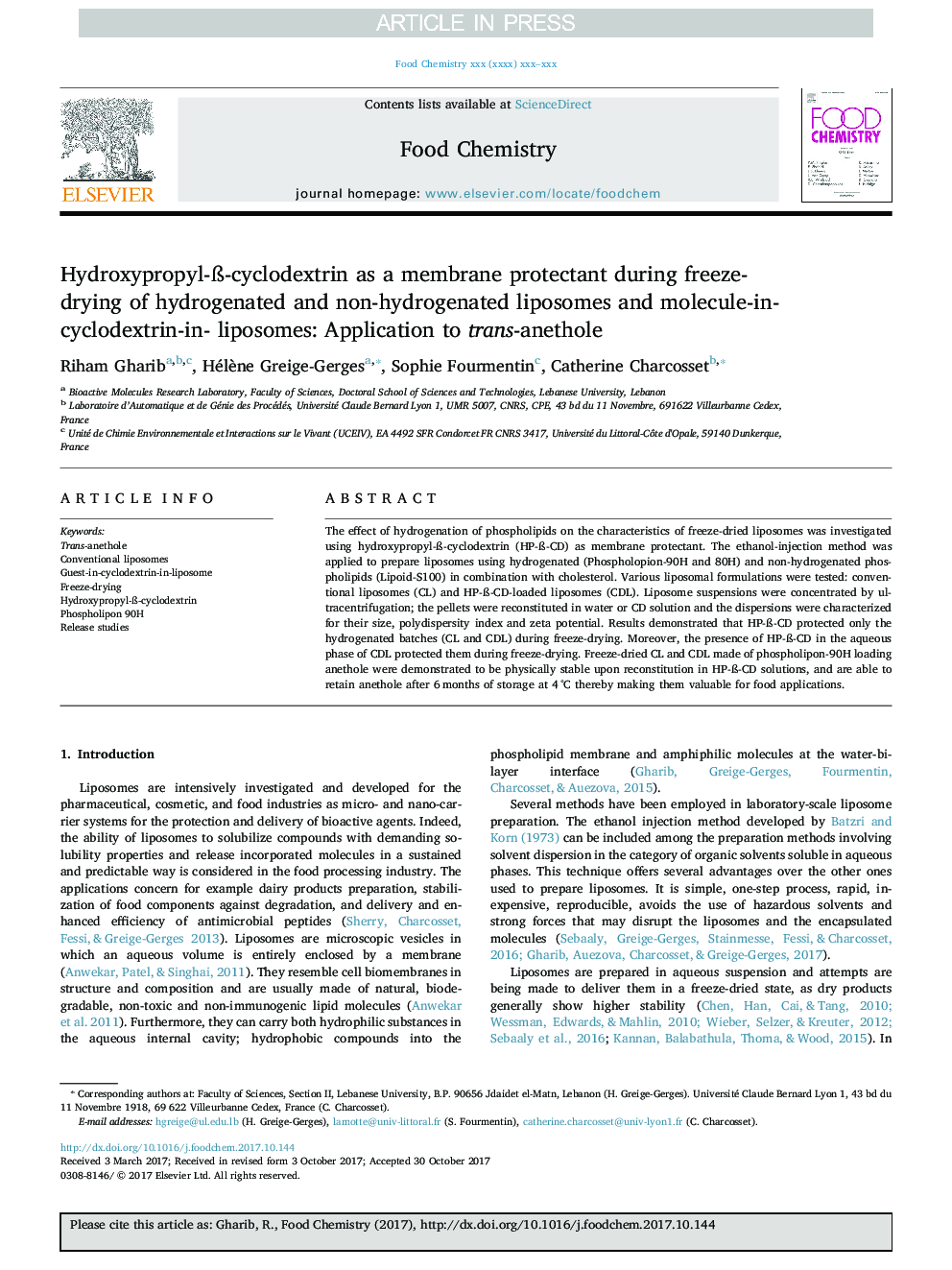 Hydroxypropyl-Ã-cyclodextrin as a membrane protectant during freeze-drying of hydrogenated and non-hydrogenated liposomes and molecule-in-cyclodextrin-in- liposomes: Application to trans-anethole