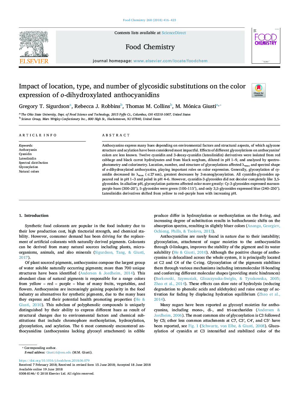 Impact of location, type, and number of glycosidic substitutions on the color expression of o-dihydroxylated anthocyanidins