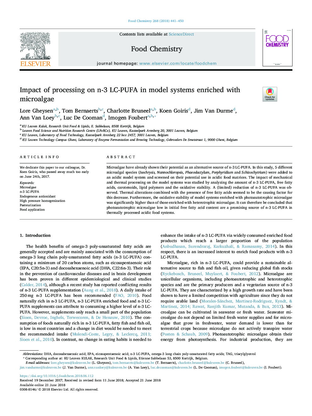 Impact of processing on n-3 LC-PUFA in model systems enriched with microalgae