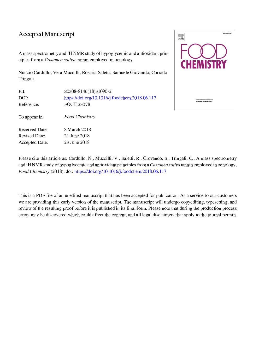 A mass spectrometry and 1H NMR study of hypoglycemic and antioxidant principles from a Castanea sativa tannin employed in oenology