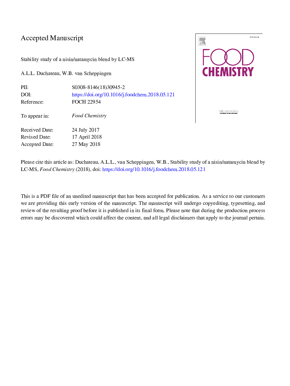 Stability study of a nisin/natamycin blend by LC-MS