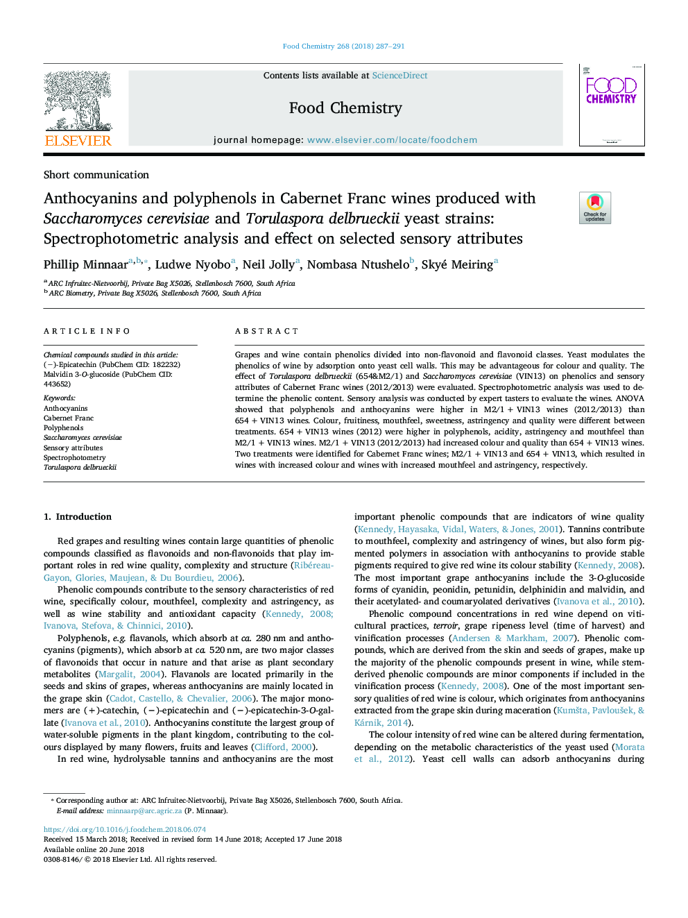 عکس صفحه اول مقاله: Anthocyanins and polyphenols in Cabernet Franc wines produced with Saccharomyces cerevisiae and Torulaspora delbrueckii yeast strains: Spectrophotometric analysis and effect on selected sensory attributes Anthocyanins and polyphenols in Cabernet Franc wines produced with Saccharomyces cerevisiae and Torulaspora delbrueckii yeast strains: Spectrophotometric analysis and effect on selected sensory attributes