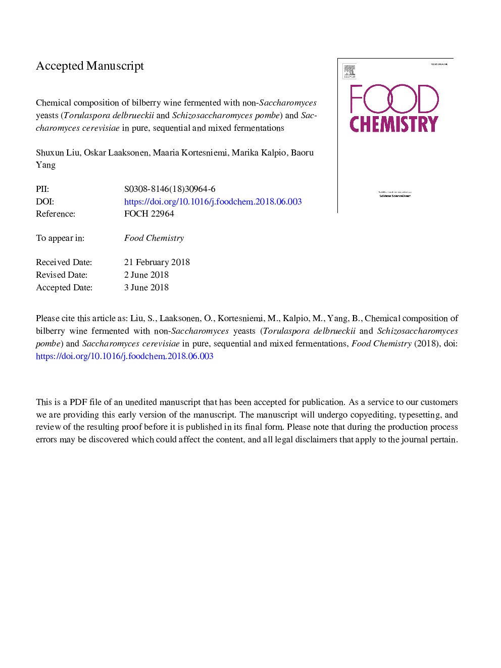 Chemical composition of bilberry wine fermented with non-Saccharomyces yeasts (Torulaspora delbrueckii and Schizosaccharomyces pombe) and Saccharomyces cerevisiae in pure, sequential and mixed fermentations