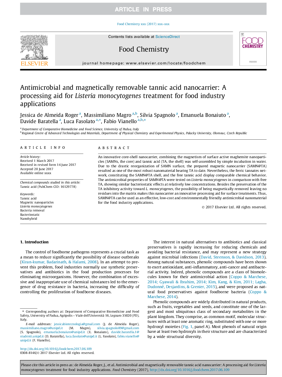 Antimicrobial and magnetically removable tannic acid nanocarrier: A processing aid for Listeria monocytogenes treatment for food industry applications