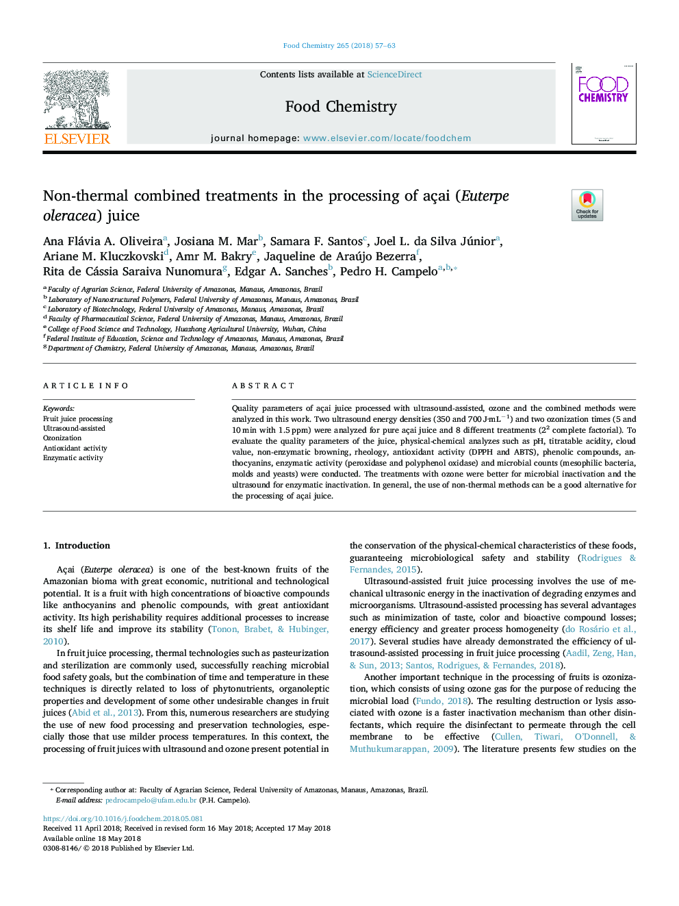 Non-thermal combined treatments in the processing of açai (Euterpe oleracea) juice