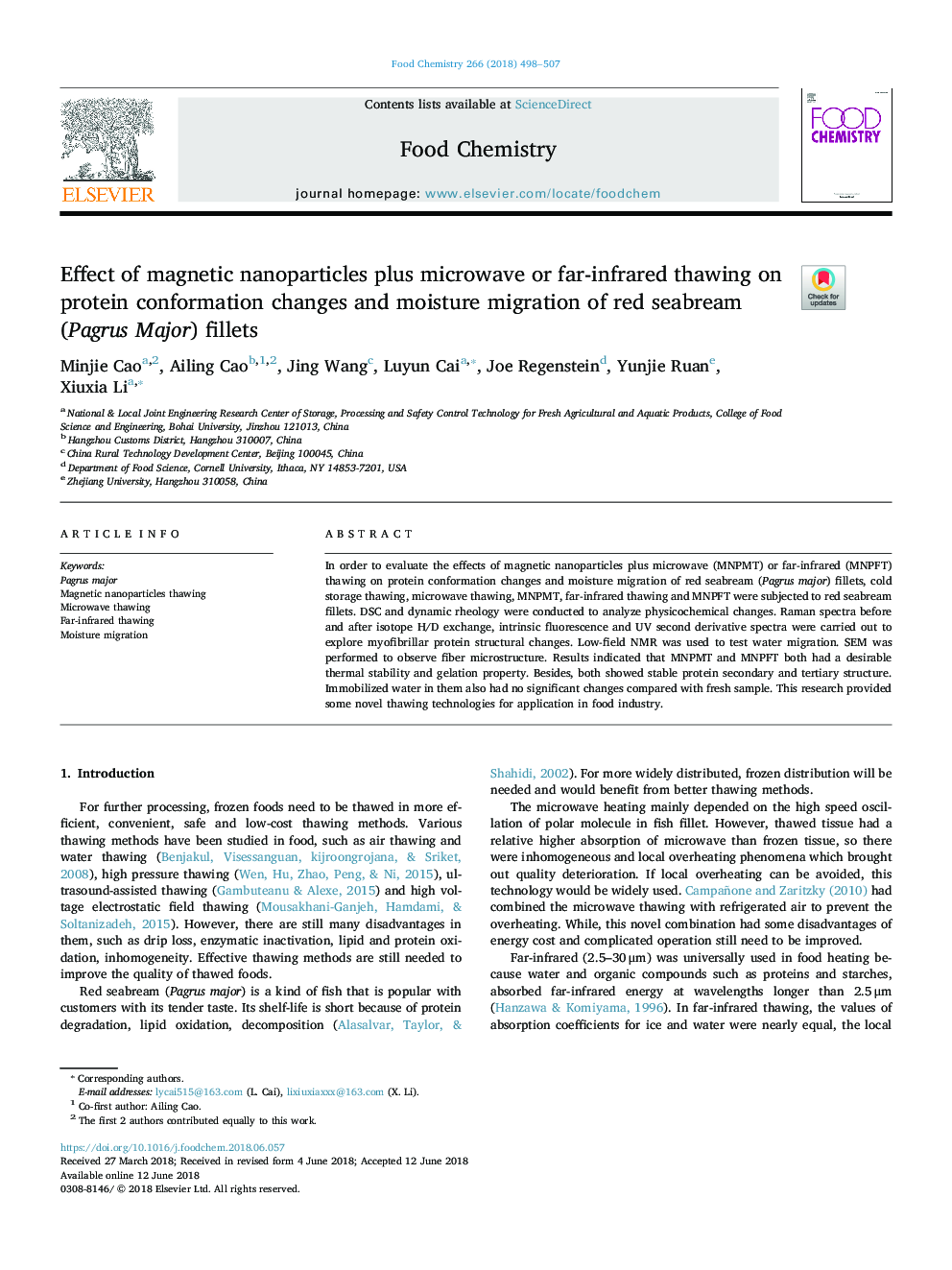 Effect of magnetic nanoparticles plus microwave or far-infrared thawing on protein conformation changes and moisture migration of red seabream (Pagrus Major) fillets