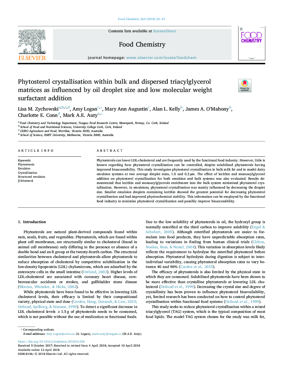 Phytosterol crystallisation within bulk and dispersed triacylglycerol matrices as influenced by oil droplet size and low molecular weight surfactant addition