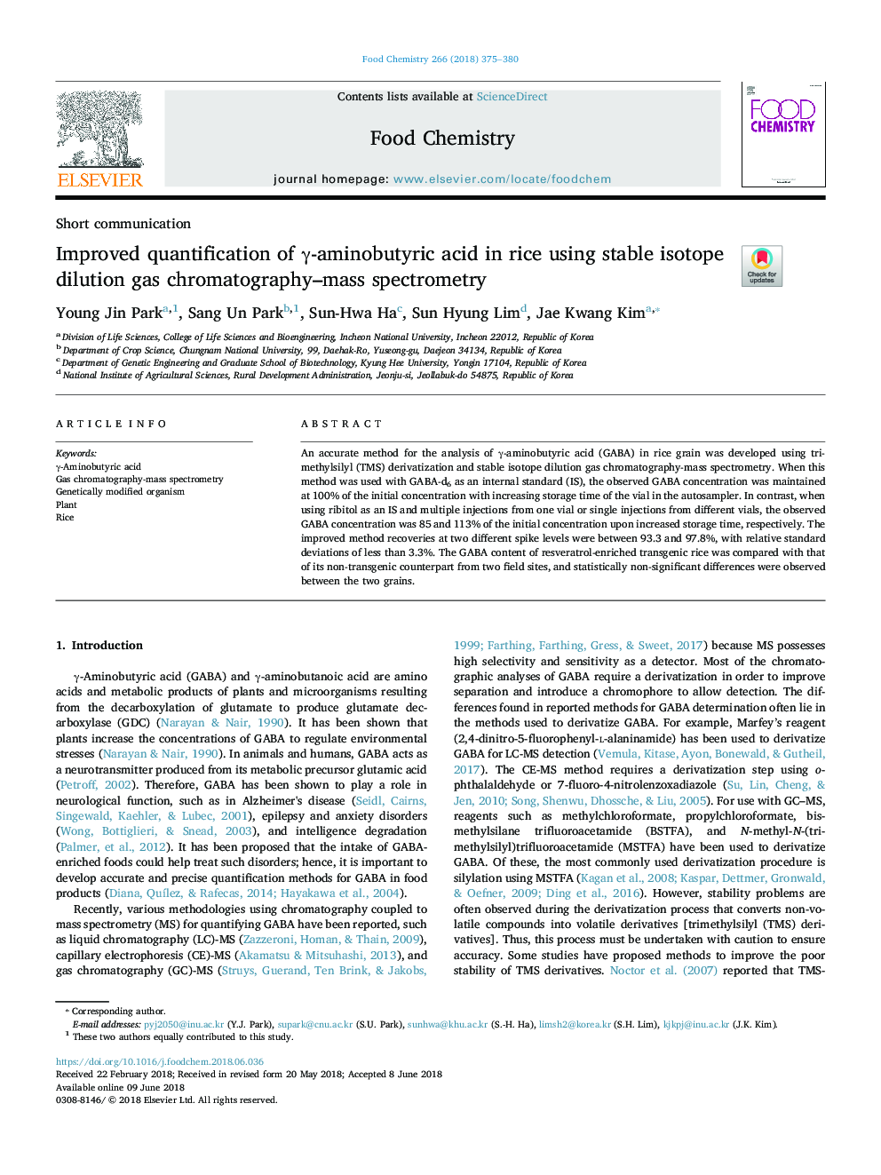 Improved quantification of Î³-aminobutyric acid in rice using stable isotope dilution gas chromatography-mass spectrometry