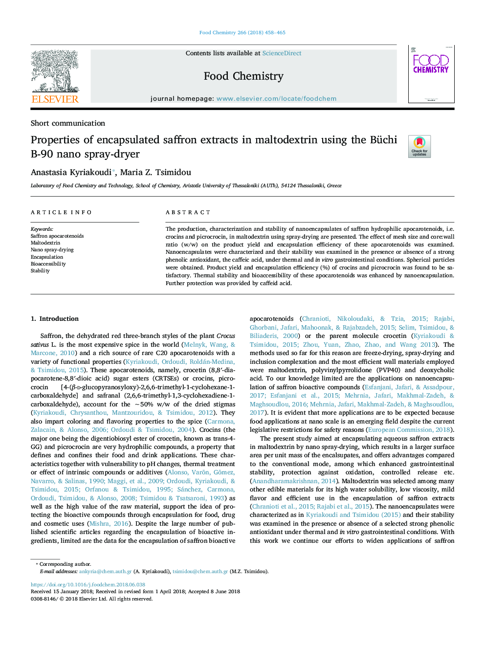 Properties of encapsulated saffron extracts in maltodextrin using the Büchi B-90 nano spray-dryer