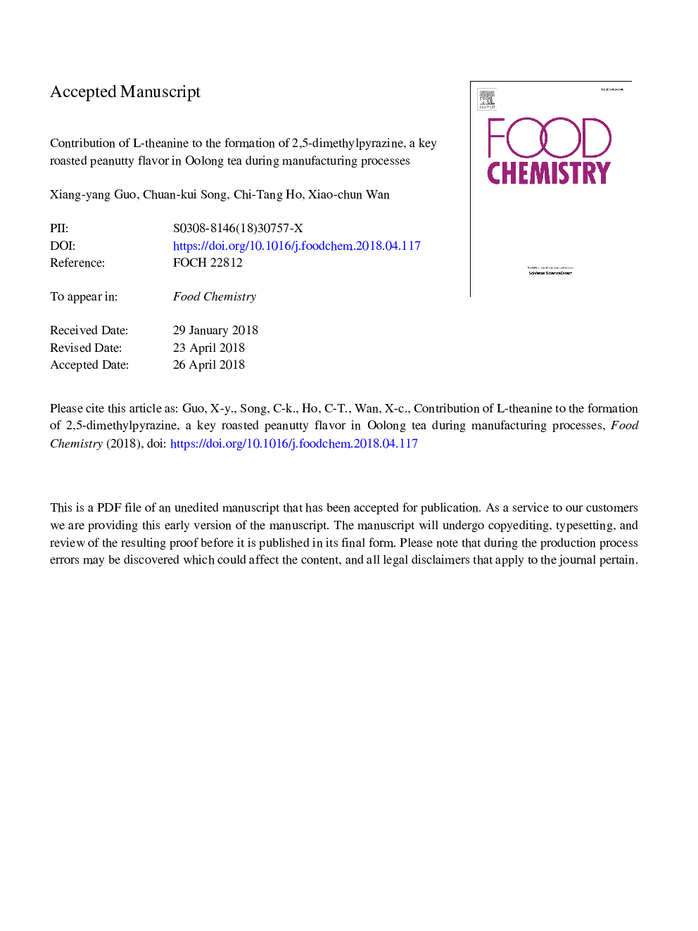 Contribution of l-theanine to the formation of 2,5-dimethylpyrazine, a key roasted peanutty flavor in Oolong tea during manufacturing processes